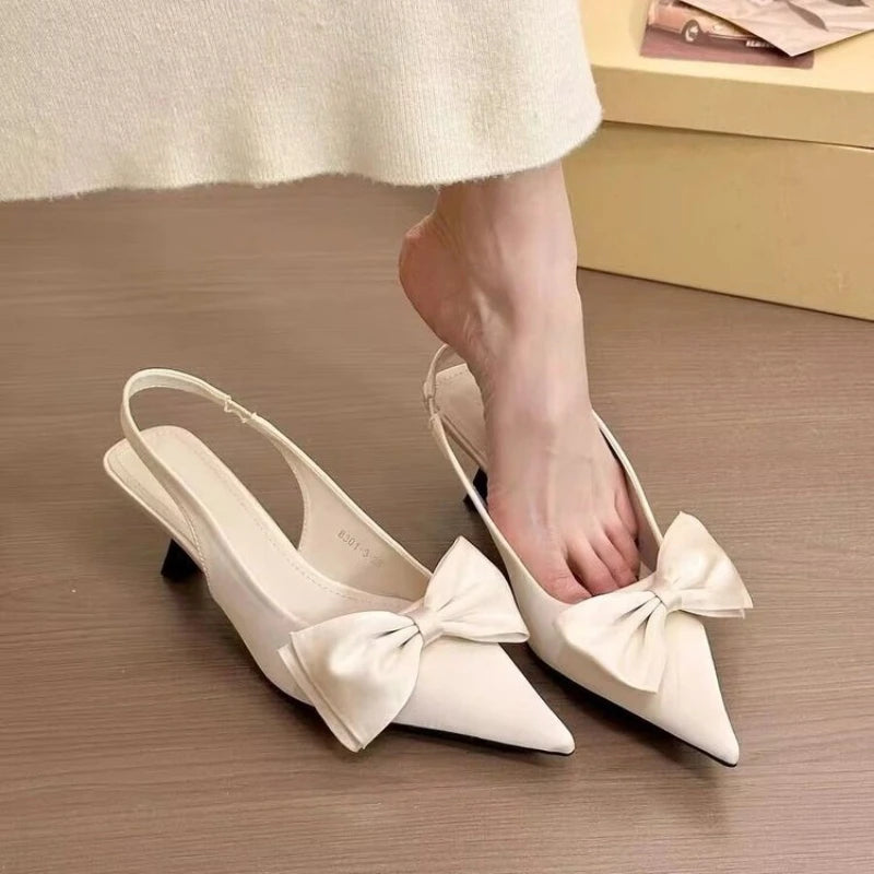 Black Shallow Mouth Pointed Toe Bow Slingbacks