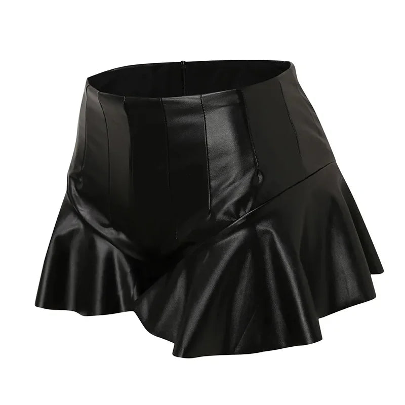 High Waist PU Leather Ruffle Trim Short