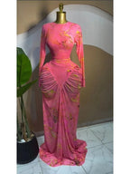 Tie Dye Printed Stacked Ruched Midi Bodycon Maxi Dress