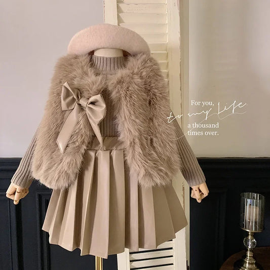 Pleated Leather Skirt 3pcs Baby Girl Clothes