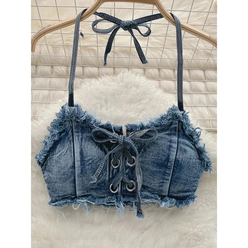 Sexy Denim Bikini Set Lace Up Drawstring