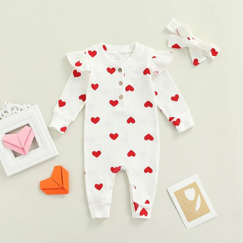 Newborn Baby Girls Romper Ruffle Ribbed Bodysuit Heart Jumpsuit with Headband Outfits 0-18M