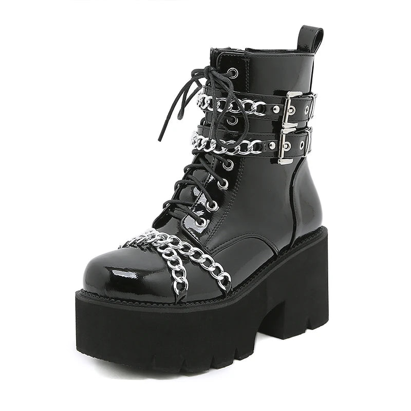 Black Leather Gothic Punk Style Combat Boots