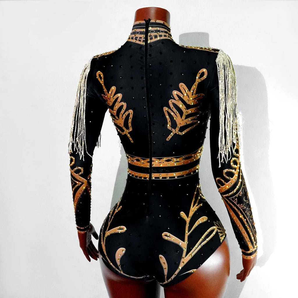 Luxury Black Gold Rhinestone Fringe Bodysuit
