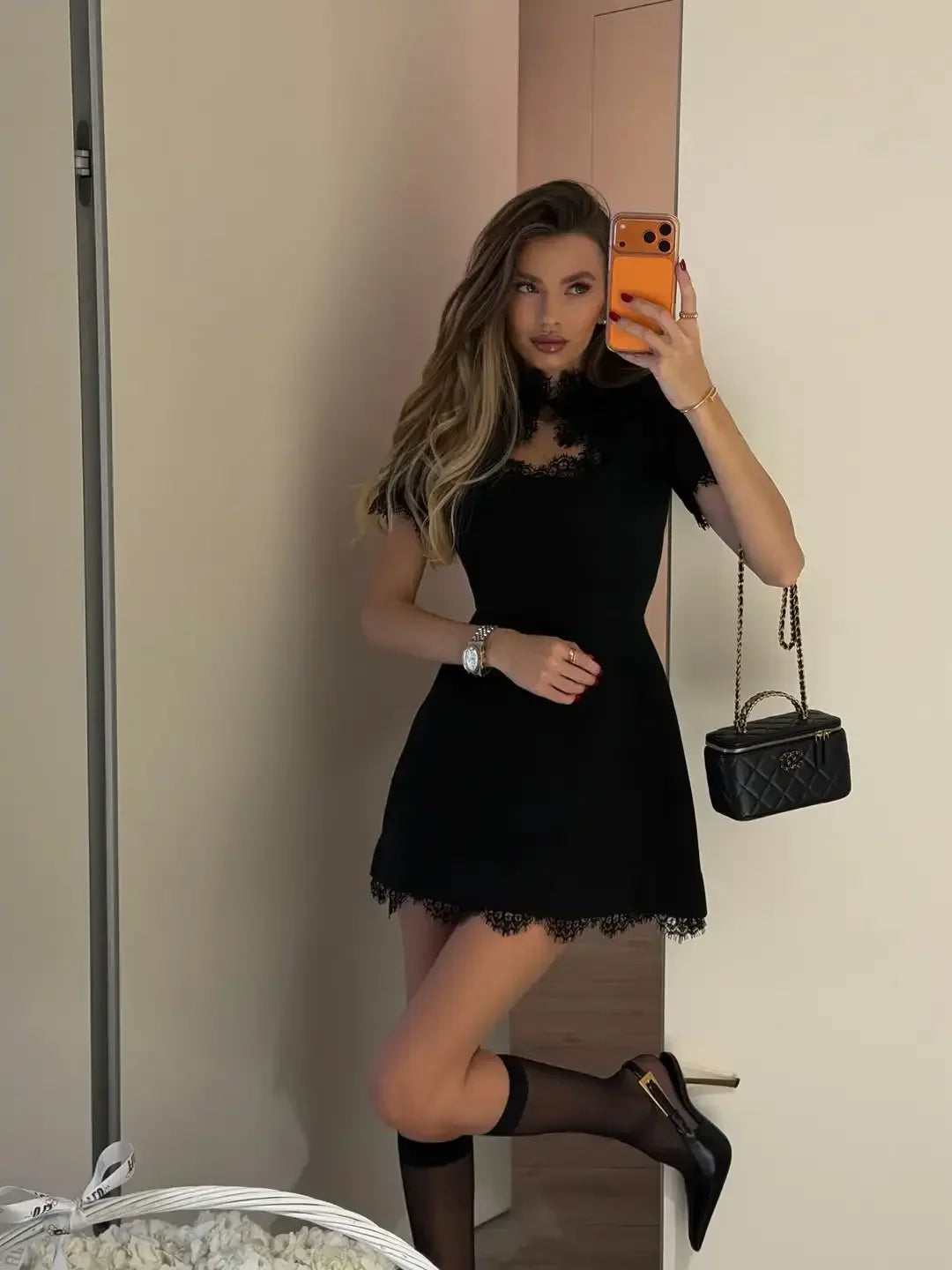 Black Lace Trim Hollow Out Mini Dress