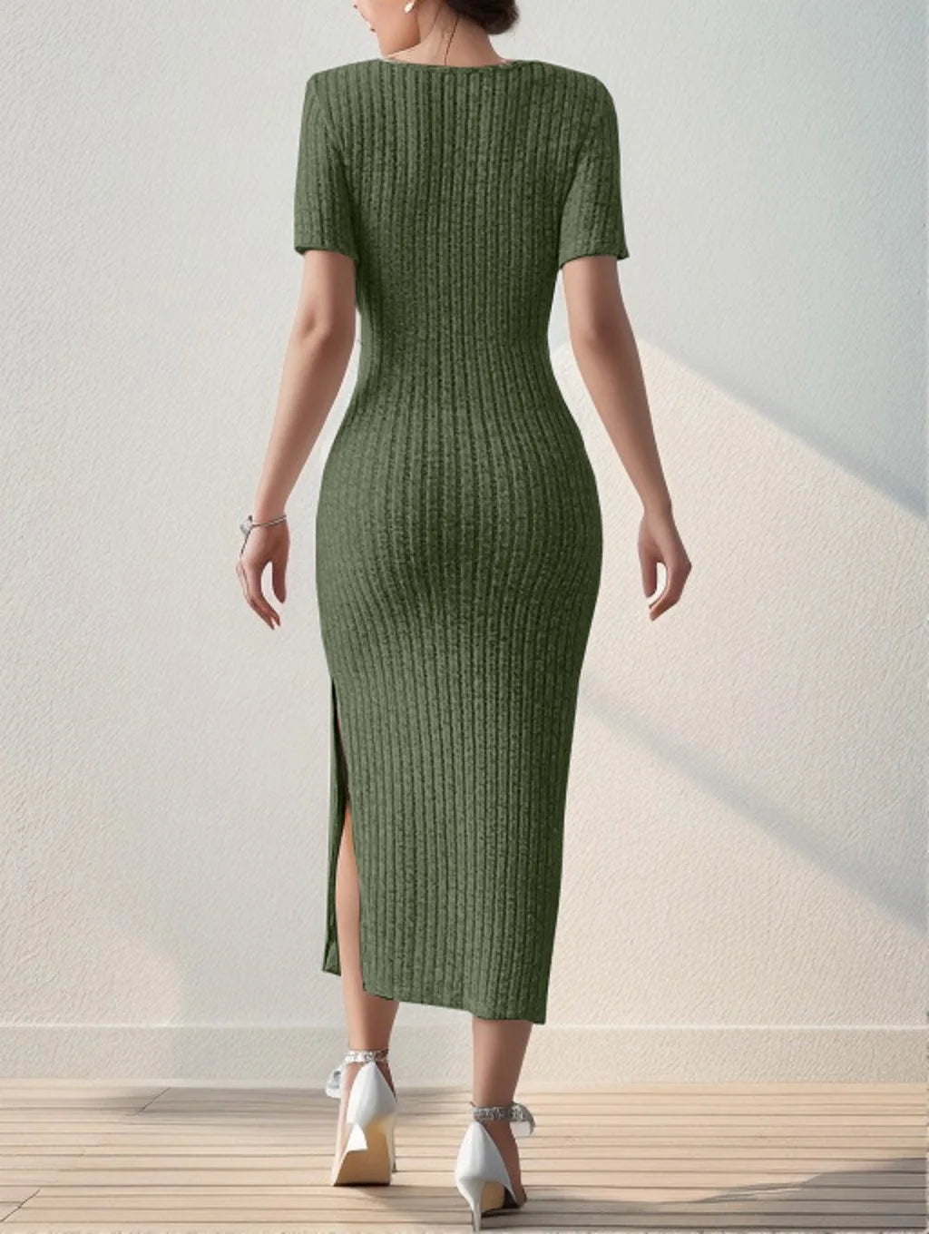 Sleeved versatile knitted slit dress