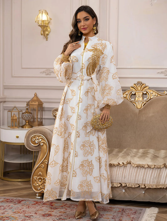 2025 Luxury Muslim Abaya White Base Gold Floral