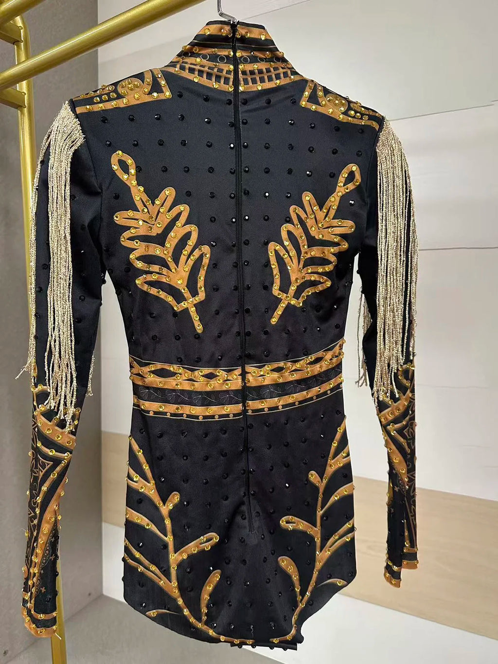 Luxury Black Gold Rhinestone Fringe Bodysuit
