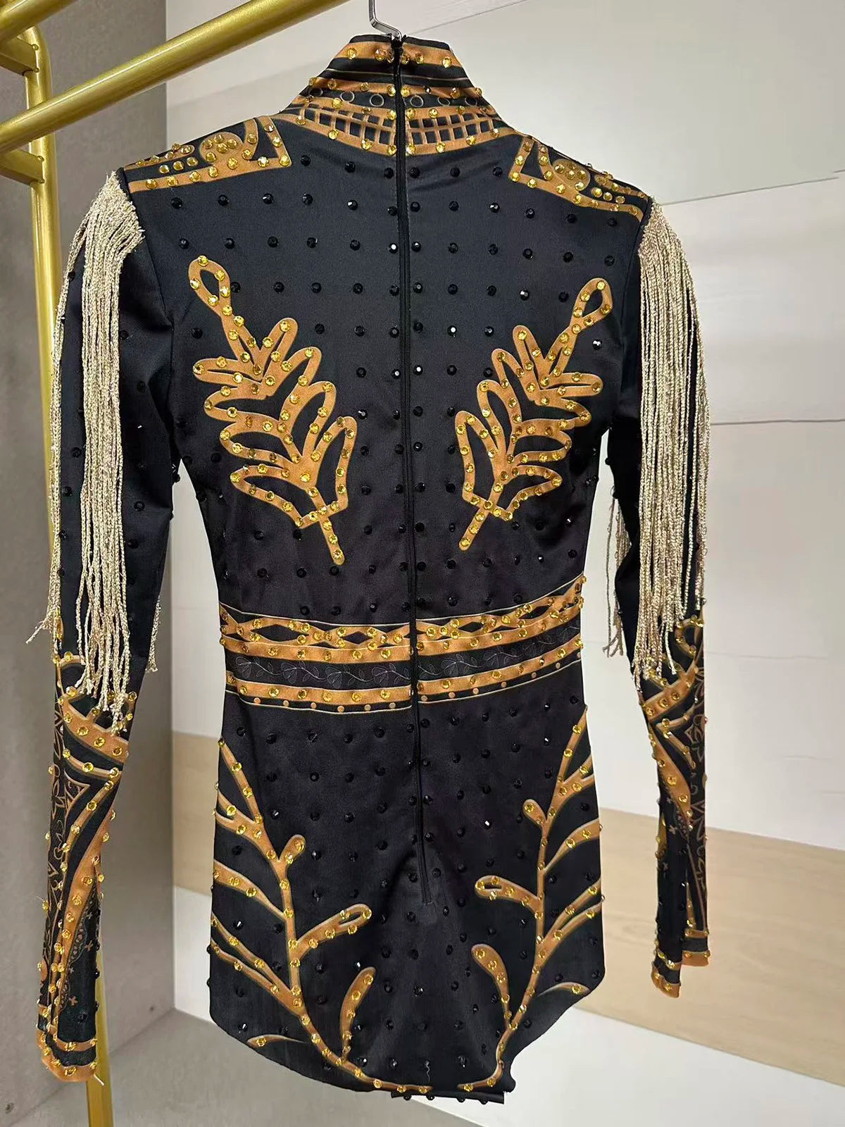 Luxury Black Gold Rhinestone Fringe Bodysuit
