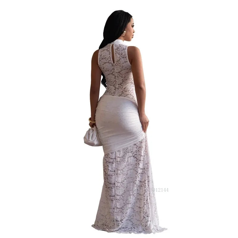 Lace Ruched High Split Maxi  Dress