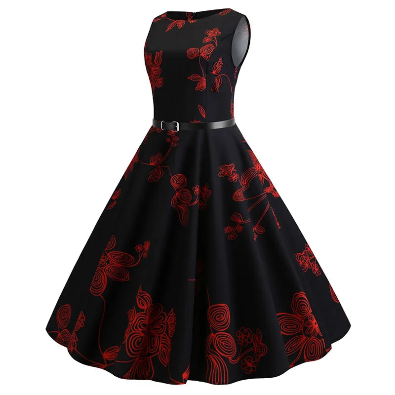 Summer Women Dresses Casual Floral Printed Sleeveless High Waist Retro Vintage Party Dress With Belt