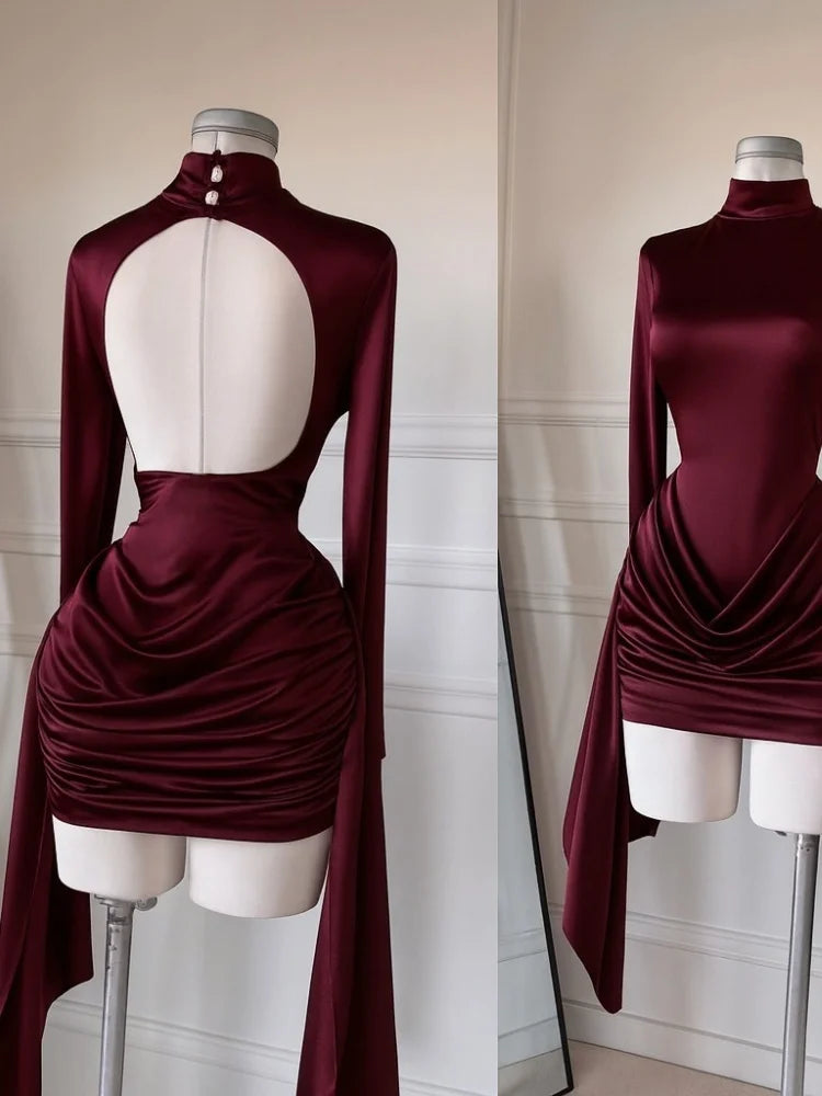 Dress Turtleneck Long Sleeve Backless Ruffled Mini Dress