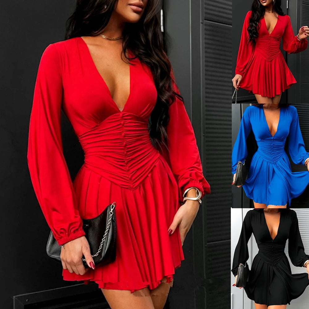 Summer Dresses Women's Sexy Long Sleeve Deep V-Neck Waist Gather Button Detail Sandy Casual Mini Length Dress Dropshipping