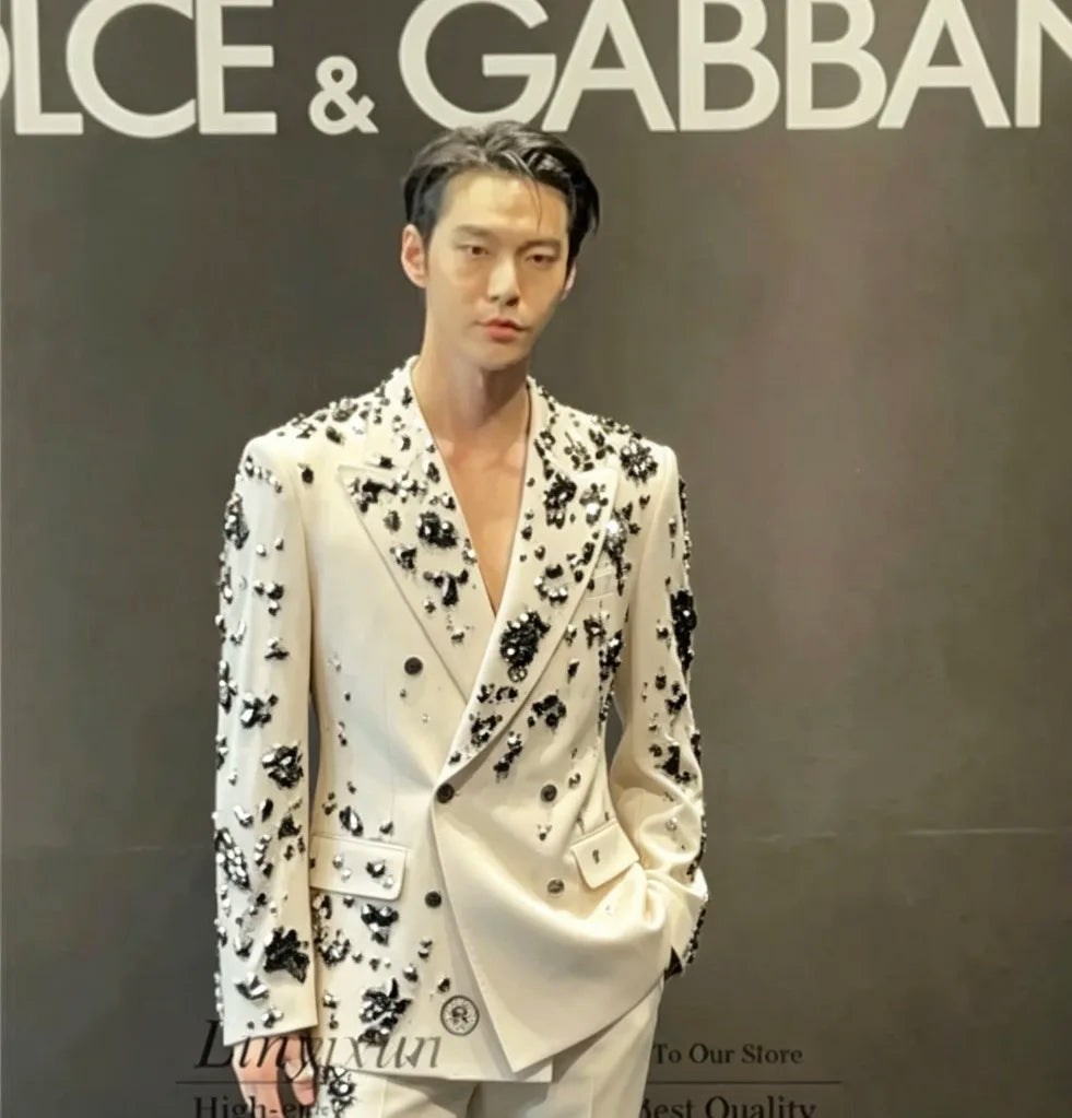 Luxury Beaded Crystals Groom Wedding Tuxedos Customized Men Suits