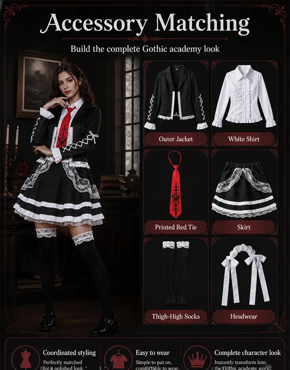 A promotional graphic for a gothic academy accessory matching set. On the left, a woman models a black and white costume dress with a red tie.