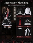 A promotional graphic for a gothic academy accessory matching set. On the left, a woman models a black and white costume dress with a red tie.