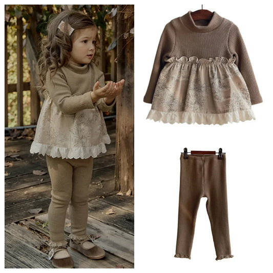 Toddler Girls Woven Spliced Lace Cute Knitted Top and Leggings Outfit Set