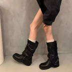 Round Toe Metal Buckle Boots