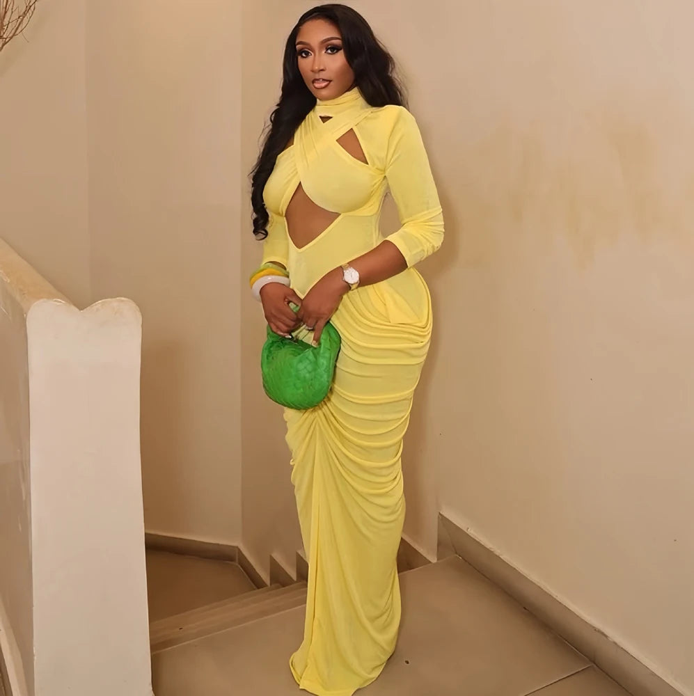 Women's High Neck Solid Full Sleeve Hollow Out Ruched Maxi Dress