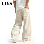 LIYS Men's American Beige Loose Wide Leg Jeans