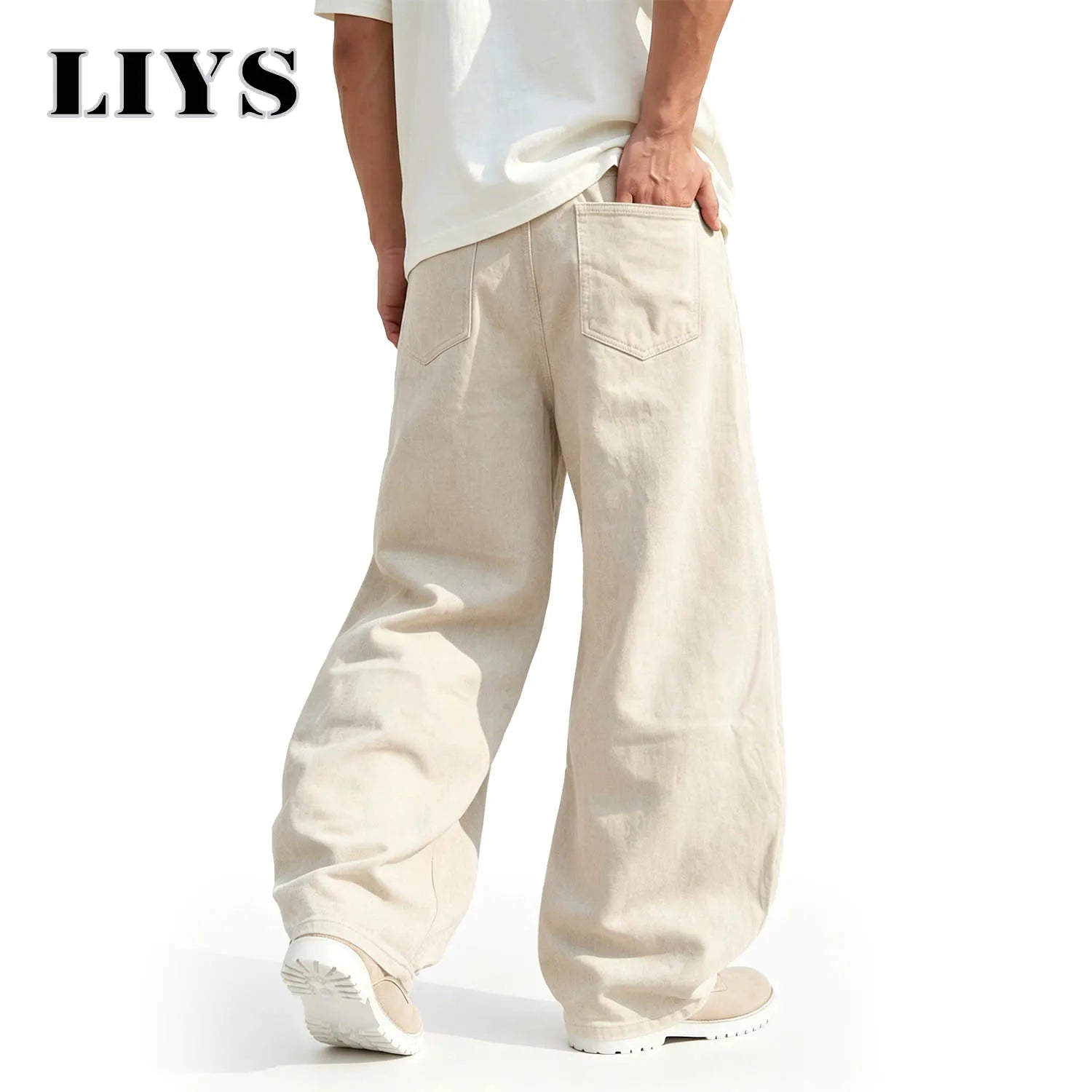 LIYS Men's American Beige Loose Wide Leg Jeans