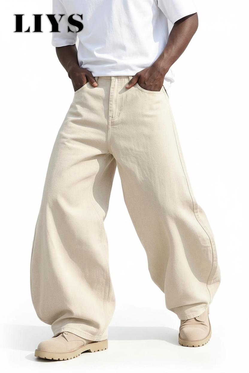 LIYS Men's American Beige Loose Wide Leg Jeans
