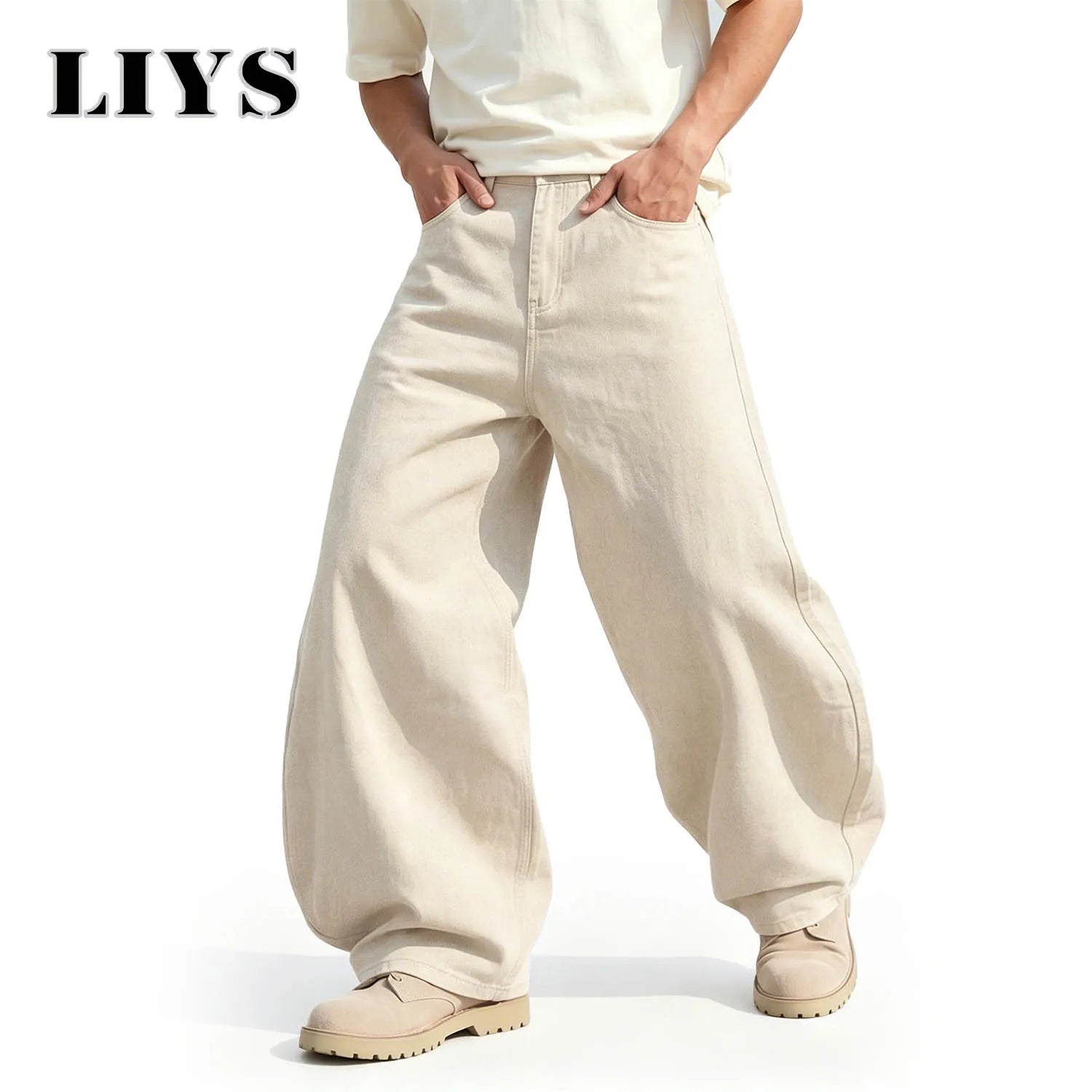 LIYS Men's American Beige Loose Wide Leg Jeans