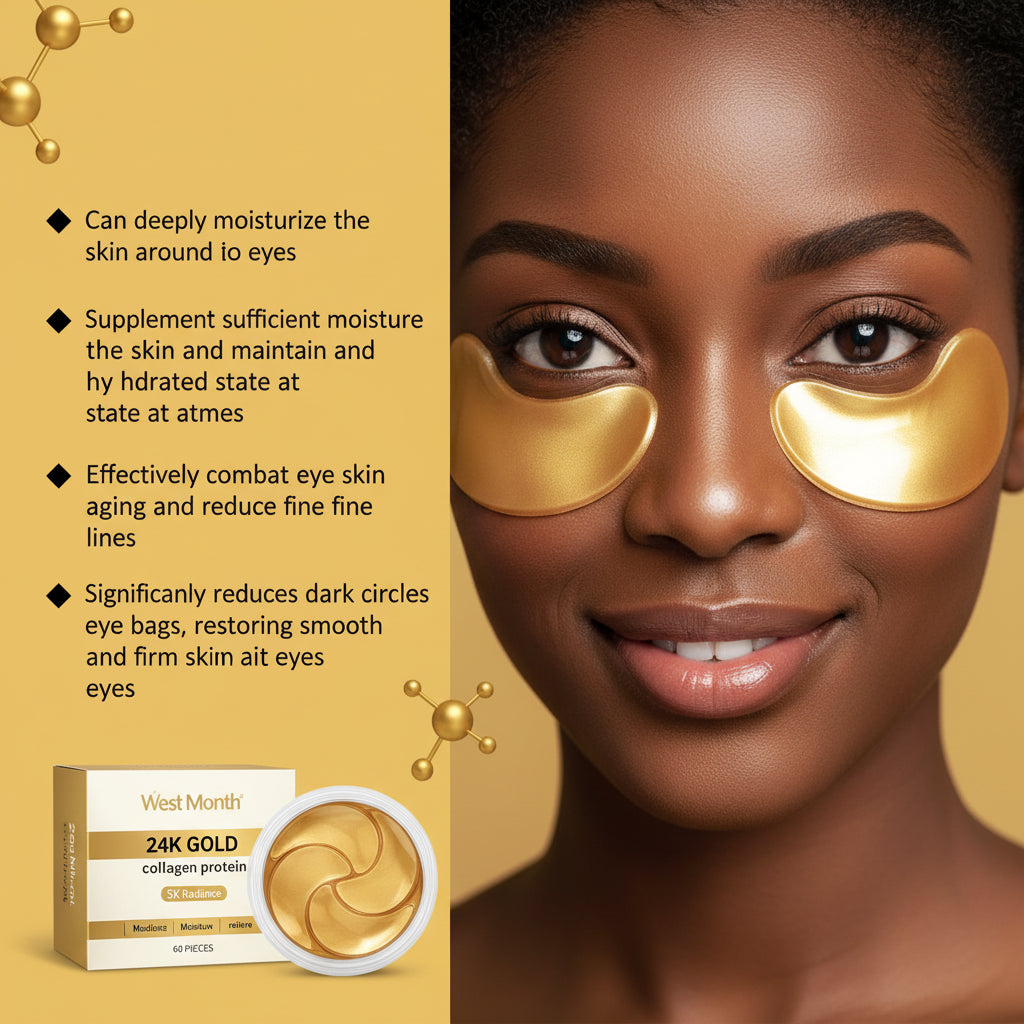 West Month 24K Gold eye mask packaging with a woman wearing gold eye masks on a yellow background.