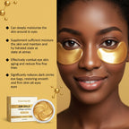 West Month 24K Gold eye mask packaging with a woman wearing gold eye masks on a yellow background.