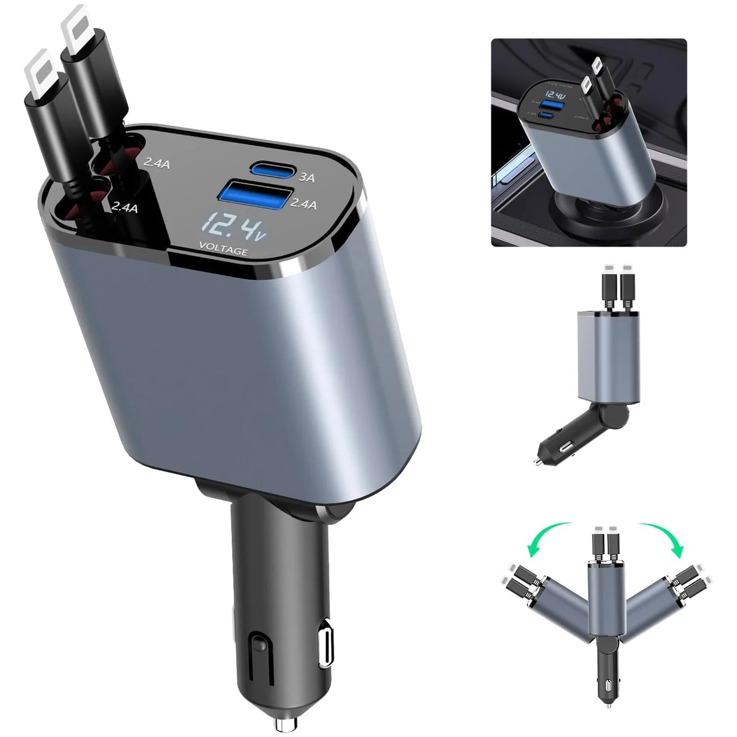 Retractable Car Charger, 4 in 1 Fast Car Phone Charger