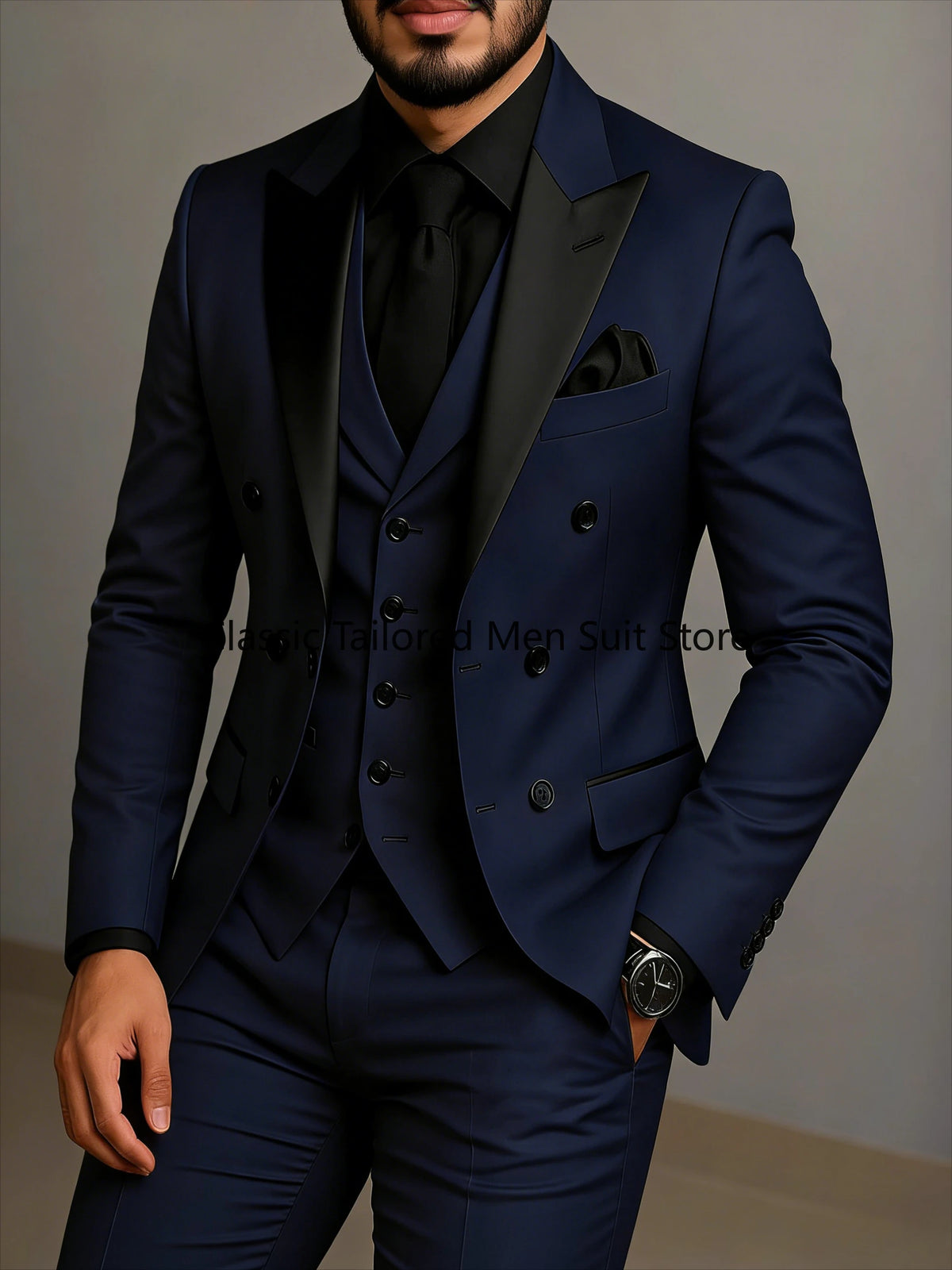 Black Lapel Beige Double Breasted Suit
