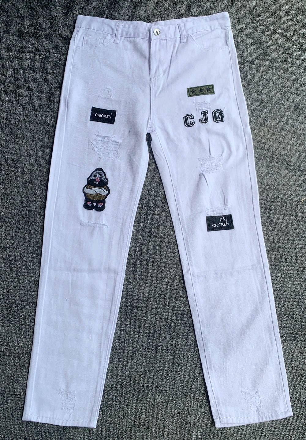 White Embroidery Skinny Ripped Jeans