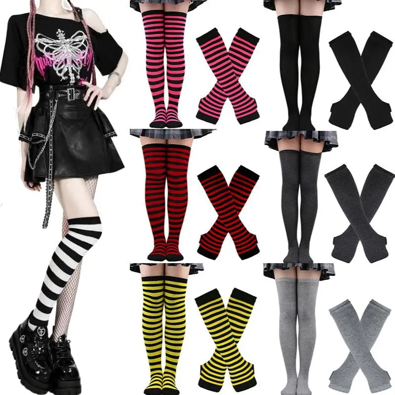 2Pair/ Gothic Punk Over Knee Long Stripe Socks