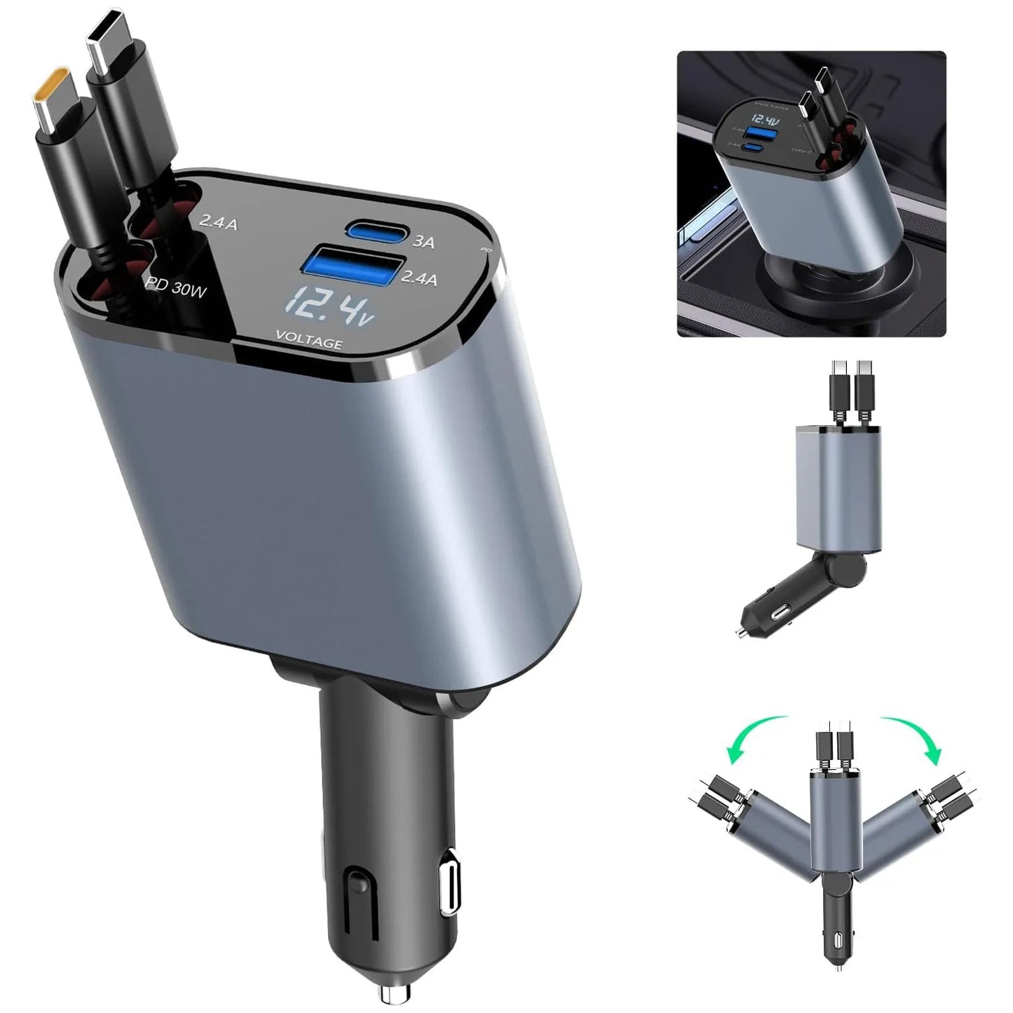 Retractable Car Charger, 4 in 1 Fast Car Phone Charger