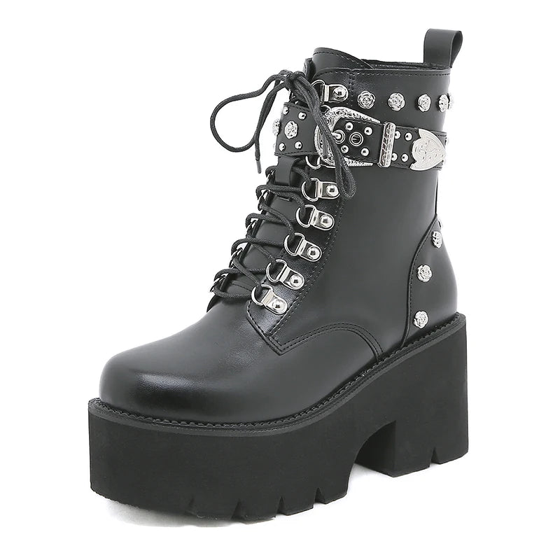Black Leather Gothic Punk Style Combat Boots