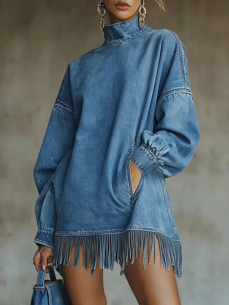 Fashion Retro Denim Tassel Mini Dress