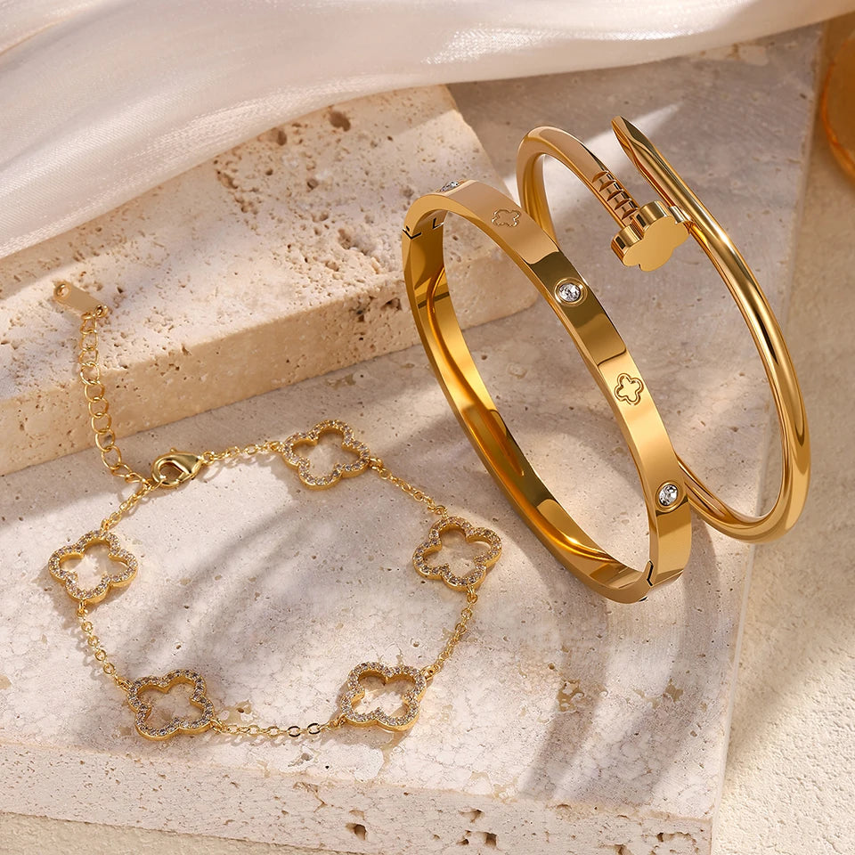 Stainless Steel Gold Plated Four-Leaf Flower Nails Stacked Bracelet