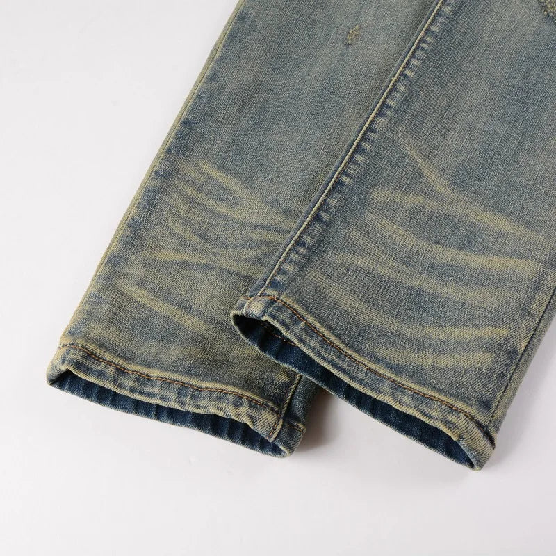 Men Cracked Patch Stretch Denim Jeans