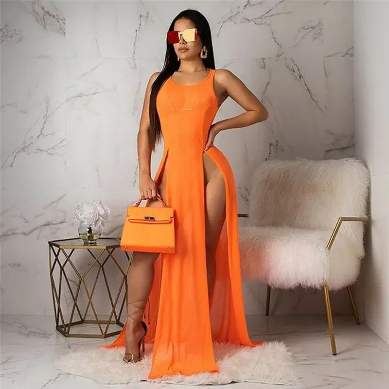 Mesh Sheer Bikini High Slit Dress
