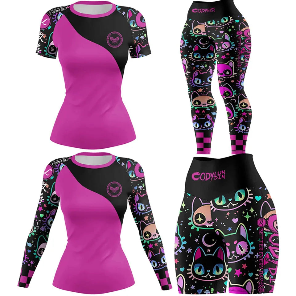 Women Rash Guard Gym  MMA Compression Sportswear 4pcs/Set