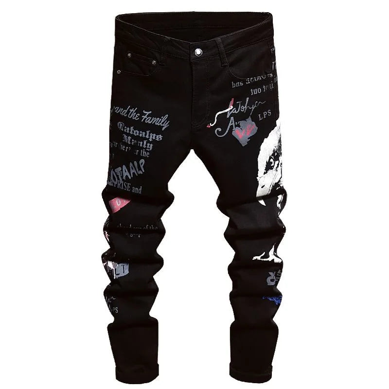 Printed Black Straight Leg Jeans