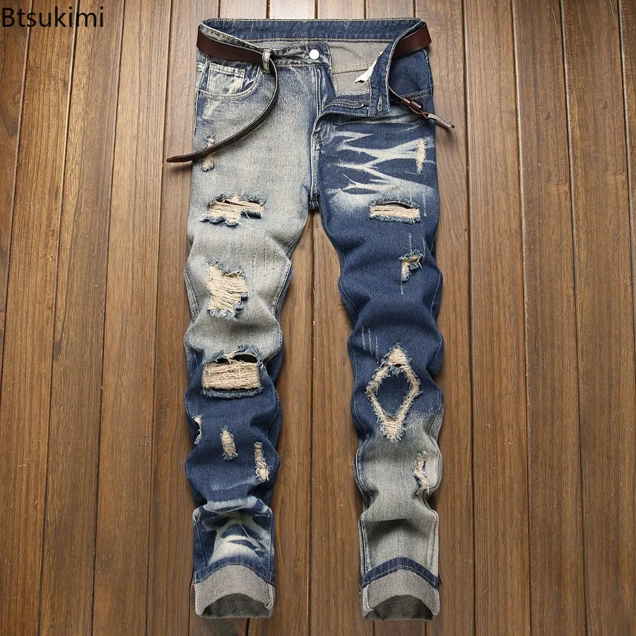 New Retro Jeans Men's Ripped Straight Leg Pants
