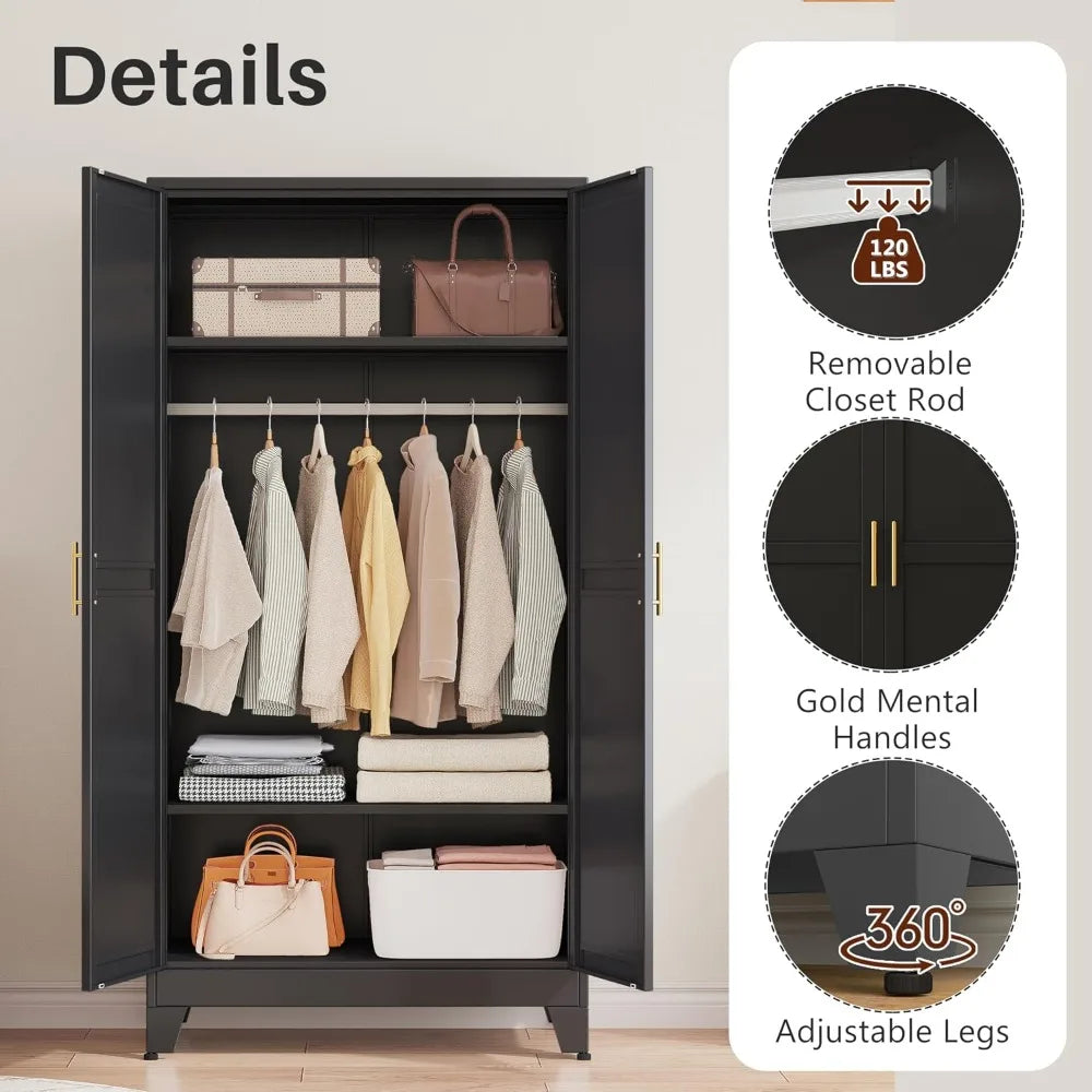71" Metal Wardrobe Armoire 2 Mirror Doors