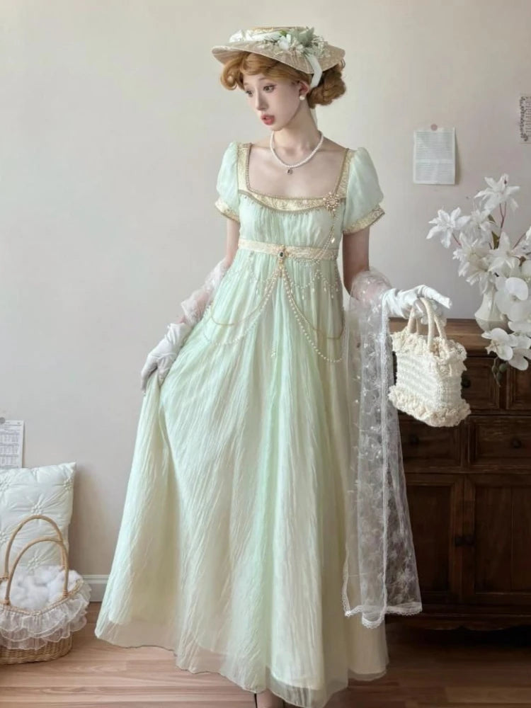 Luxury Green Beaded Lace Formal Dress French Elegant Party Outfit Chic Retro