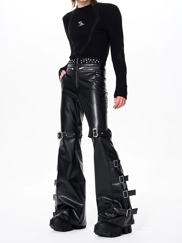 Mauroicardi Long Black Pu Leather Flare Pants