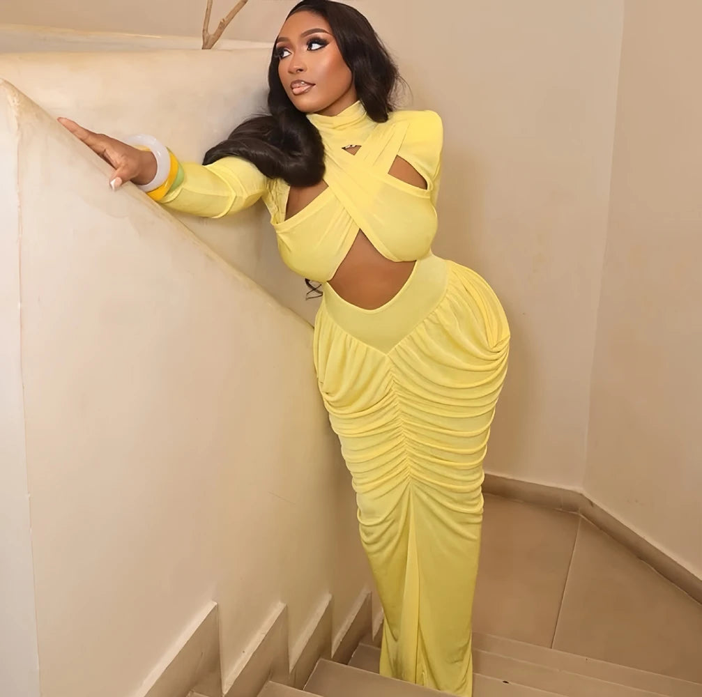 Women's High Neck Solid Full Sleeve Hollow Out Ruched Maxi Dress