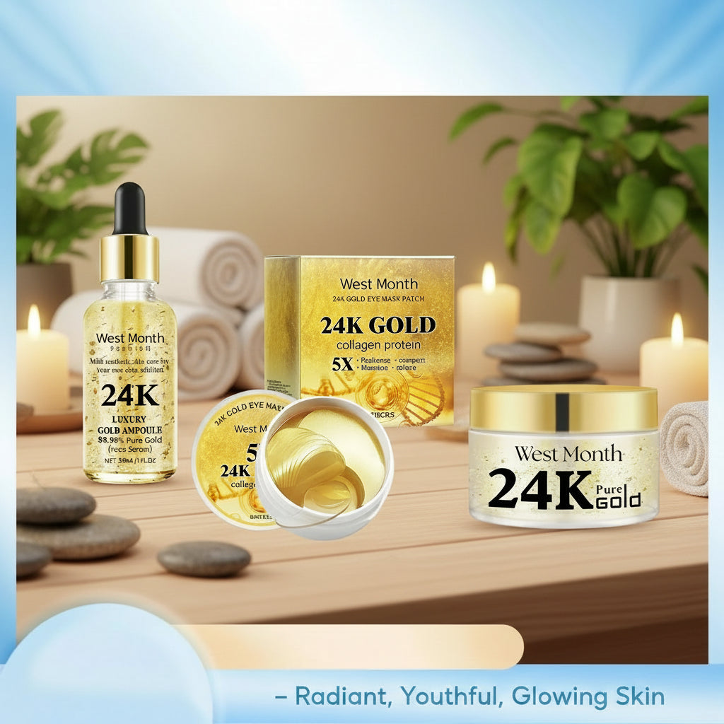 West & Month 24K Gold skincare products on a light blue background
