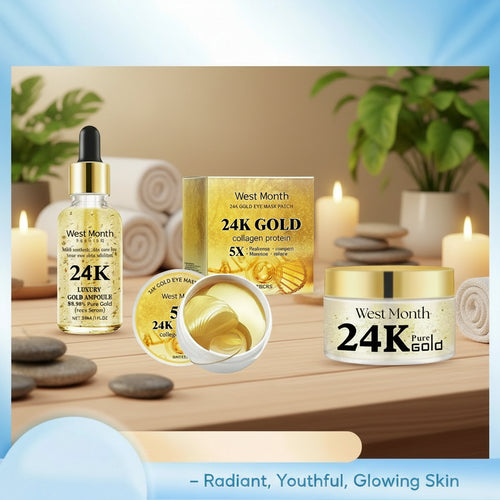 West & Month 24K Gold skincare products on a light blue background