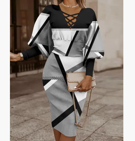 Elegant Maze Printed Long Sleeved Slim Fit Dress