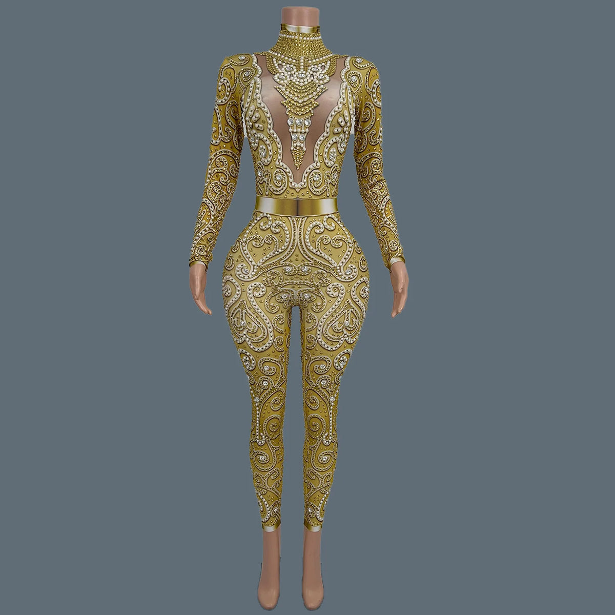 Rhinestone Pearls Spandex Jumpsuit